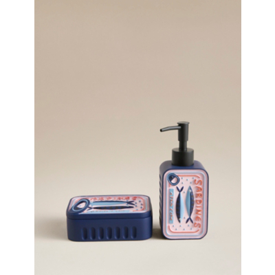 Blue Sardine Soap Dispenser & Lidded Pot - Set of 2