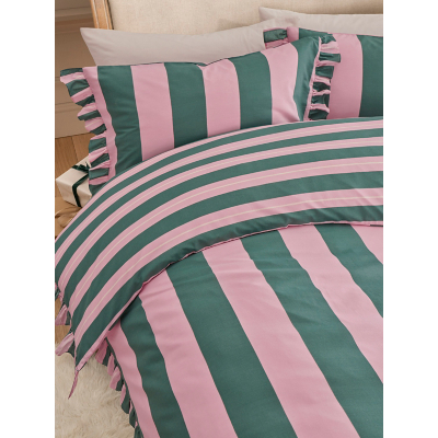 Pink & Green Wide Stripe Frill Duvet Set