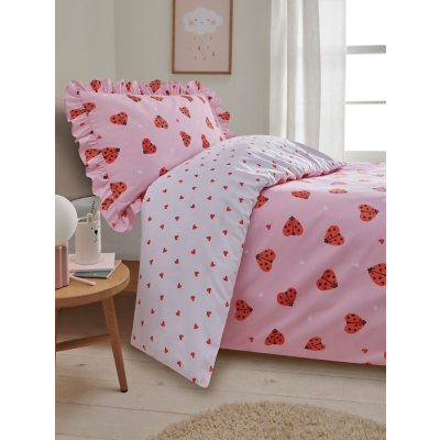 Pink Love Bug Frill Trim Reversible Duvet Set