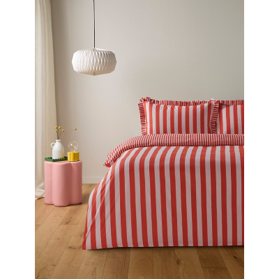 Red & Pink Box Pleat Striped Duvet Set