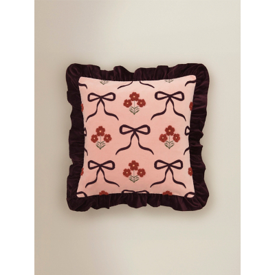Pink Bow & Floral Embroidered Frill Edge Cushion