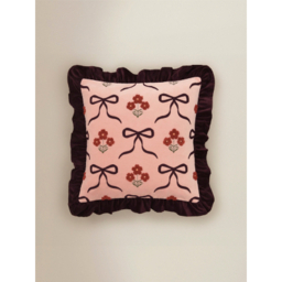 Pink Bow & Floral Embroidered Frill Edge Cushion