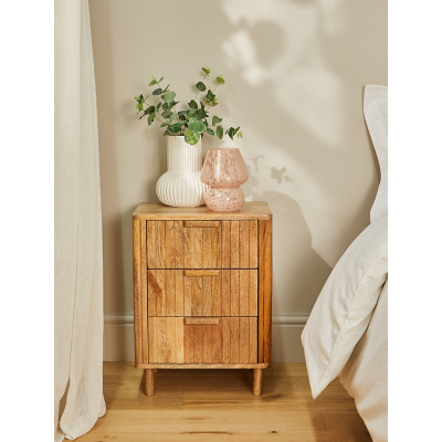 Natural Brown 3 Drawer Wood Rib Effect Bedside Table