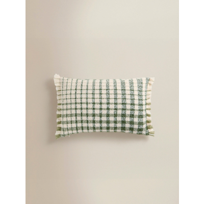 Green Brushed Tassel Check Cushion