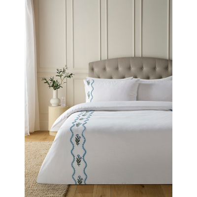 Blue & White Embroidered Floral Wave Cotton Duvet Set
