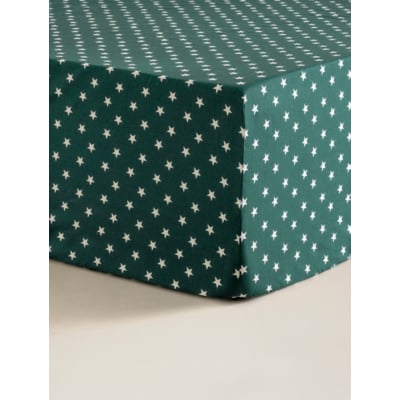 Green & White Star Print Double Fitted Sheet