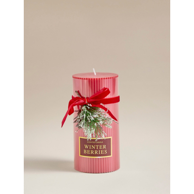 Red Winter Berries Ribbed Red Pillar Candle