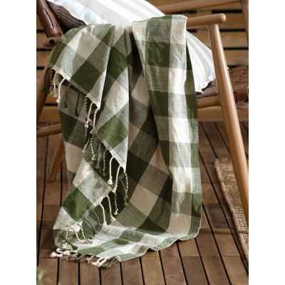 Yard Green Chesil Check Tasselled 100% Cotton Throw - 130cm x 170cm