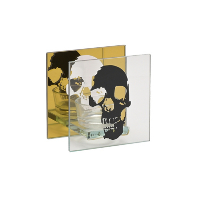 The Seasonal Gift Co Gold and Black Mirror Skull Tealight Holder