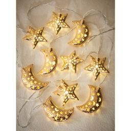 Gold-Tone Beaded Edge Moon & Star String Lights