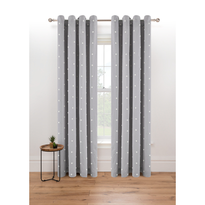 Grey Embroidered Tufted Spot Eyelet Curtains