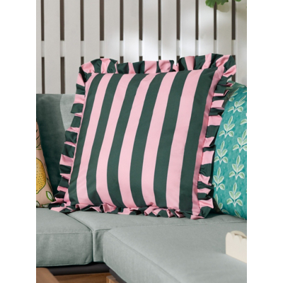 Furn Pink & Green Palm Royale Stripe Ruffle Printed Outdoor Cushion
