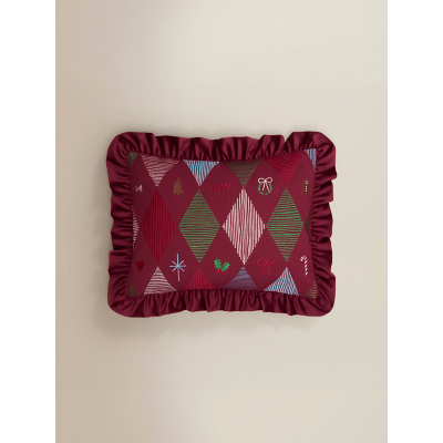 Burgundy Christmas Harlequin Embroidered Cushion