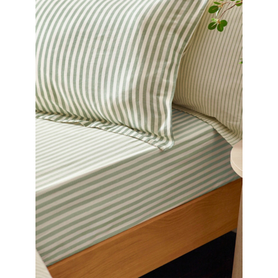 Hebden Forest Green Striped 100% Cotton Fitted Sheet