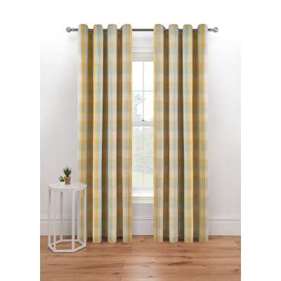 Duck Egg & Yellow Woven Check Eyelet Curtains