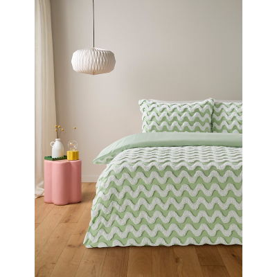 Green & White Tufted Waves Reversible Microfibre Duvet Set