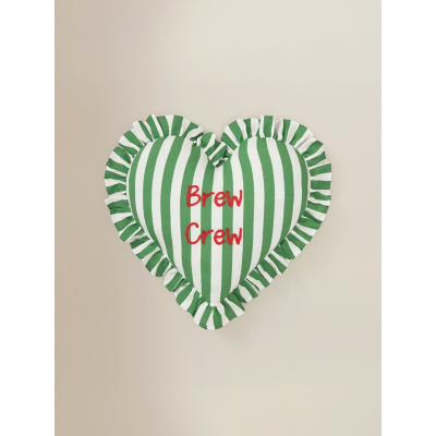 Green & White Brew Crew Striped Frill Heart Cushion