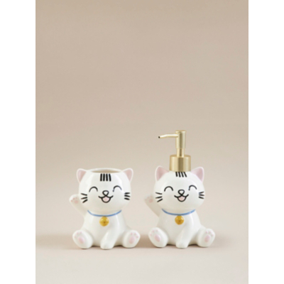 White Lucky Cat Soap Dispenser & Tumbler - Set of 2