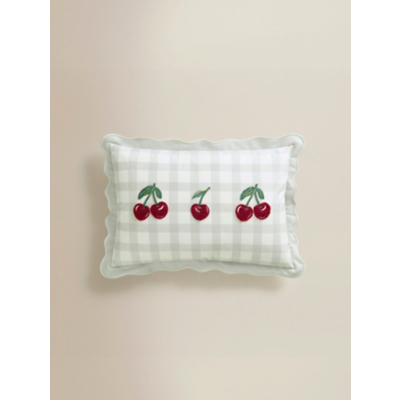 Green Cherry Gingham Scalloped Cushion