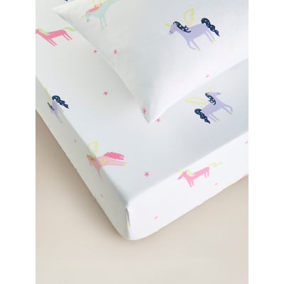 Pink & White Unicorn Single Fitted Sheet & Pillow Case Set