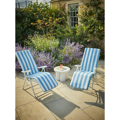 Blue and White Stripe Padded Relaxer Garden Chairs - Set of 2
