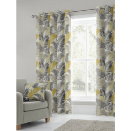 Fusion Tropical Palm Print Ochre Yellow Eyelet Curtains