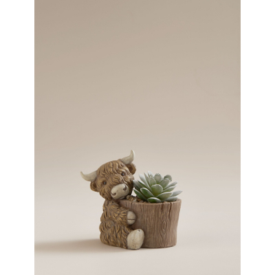 Artificial Succulent In Brown Highland Cow Planter