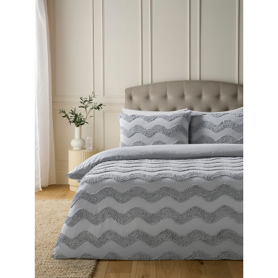 Grey Luxury Wavy Stripe Tufted Cotton Duvet Set