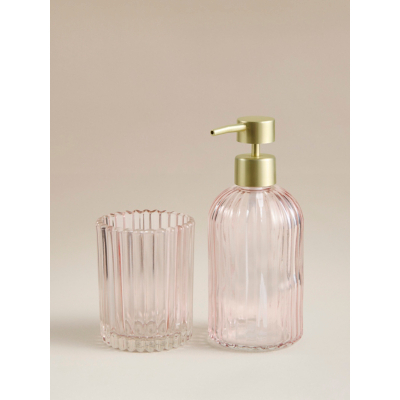 Pink Glass Ribbed Soap Dispenser & Tumbler - Set of 2