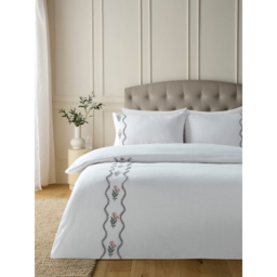 Grey & Pink Embroidered Floral Wave Cotton Duvet Set