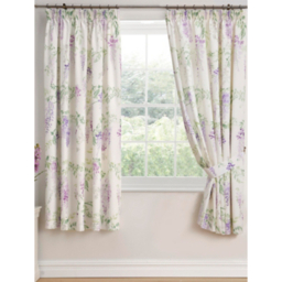 Dreams & Drapes Design Wisteria Hand Painted Pair of Pencil Pleat Curtains With Tie-Backs in Lilac