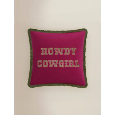 Pink Howdy Cowgirl Embroidered Fringed Velvet Cushion