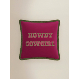 Pink Howdy Cowgirl Embroidered Fringed Velvet Cushion