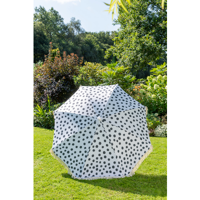 Boho Parasol 2M Polka Dot with Cream Fringe and White Pole