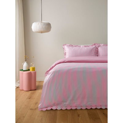 Pink & White Stripe Heart Scallop Microfibre Duvet Set