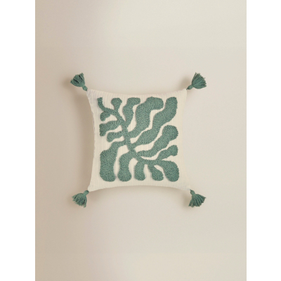 Green & Natural Leaf Motif Cushion with Tassels