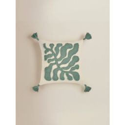 Green & Natural Leaf Motif Cushion with Tassels