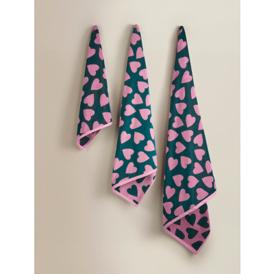 Green & Pink Hearts Cotton Towel Range