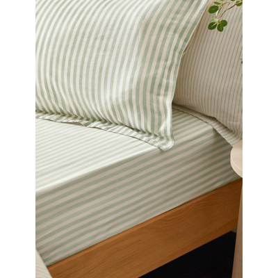Hebden Light Green Striped 100% Cotton Fitted Sheet