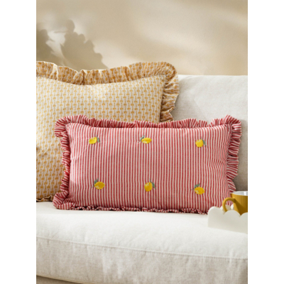 Furn Les Fruites Embroidered Lemons Stripe Ruffle Cushion