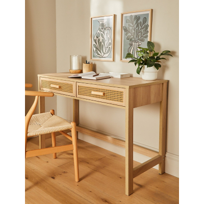 Natural Brown Wooden Rattan 2 Drawer Desk