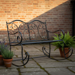 Wrought Iron Rocking Garden Bench in Black - Ornate Vintage Outdoor Seat for Garden & Patio - thumbnail 2