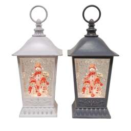 Snowman Lantern Light Up Spinning Snow Globe Lantern - Grey - thumbnail 3