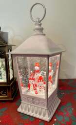 Snowman Lantern Light Up Spinning Snow Globe Lantern - Grey - thumbnail 1