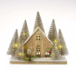 Wooden House With Light Up Gold Trees-20 LED - thumbnail 1