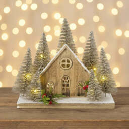Wooden House With Light Up Gold Trees-20 LED - thumbnail 2