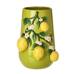Tall Green Vase with 3D Lemons – Mediterranean Ceramic Vase