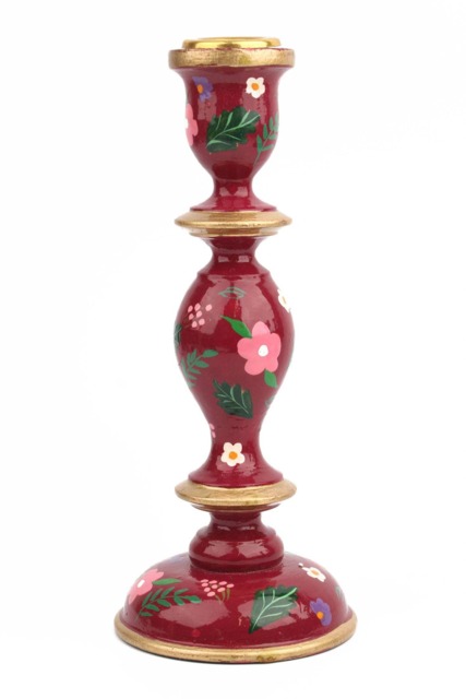BURGUNDY LARGE CANDLESTICK HOLDER - Hand-Painted Wooden Candle Holders - image 1