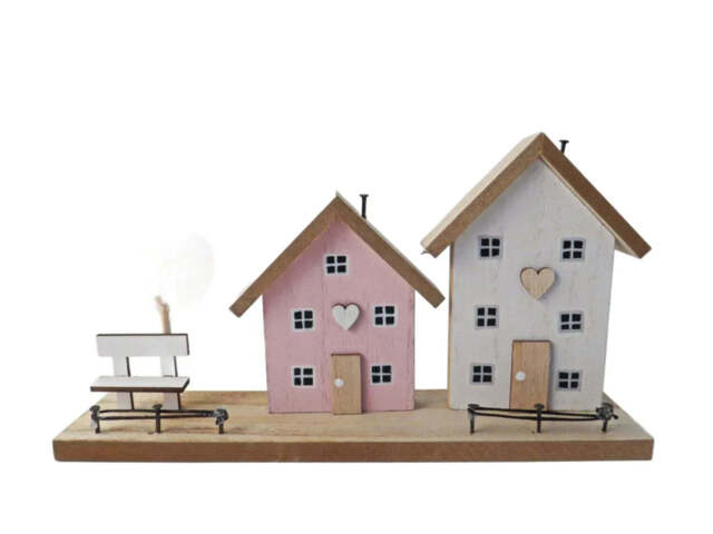 24X13Cm Wooden Houses On Base -  Scandi Style Wooden Village Home Decor - Giftware Trading - image 1
