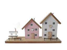 24X13Cm Wooden Houses On Base -  Scandi Style Wooden Village Home Decor - Giftware Trading - thumbnail 1